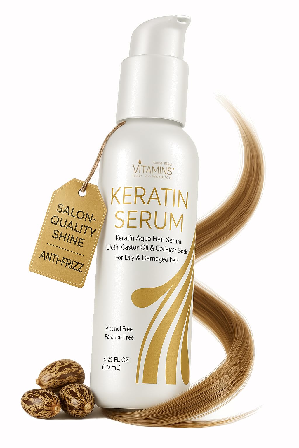 VITAMINS hair cosmetics front bottle showing label and shine benefits