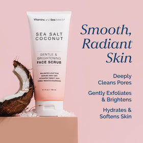 VITAMINS AND SEA BEAUTY texture close-up showing fine sea salt granules and creamy coconut oil for gentle exfoliation