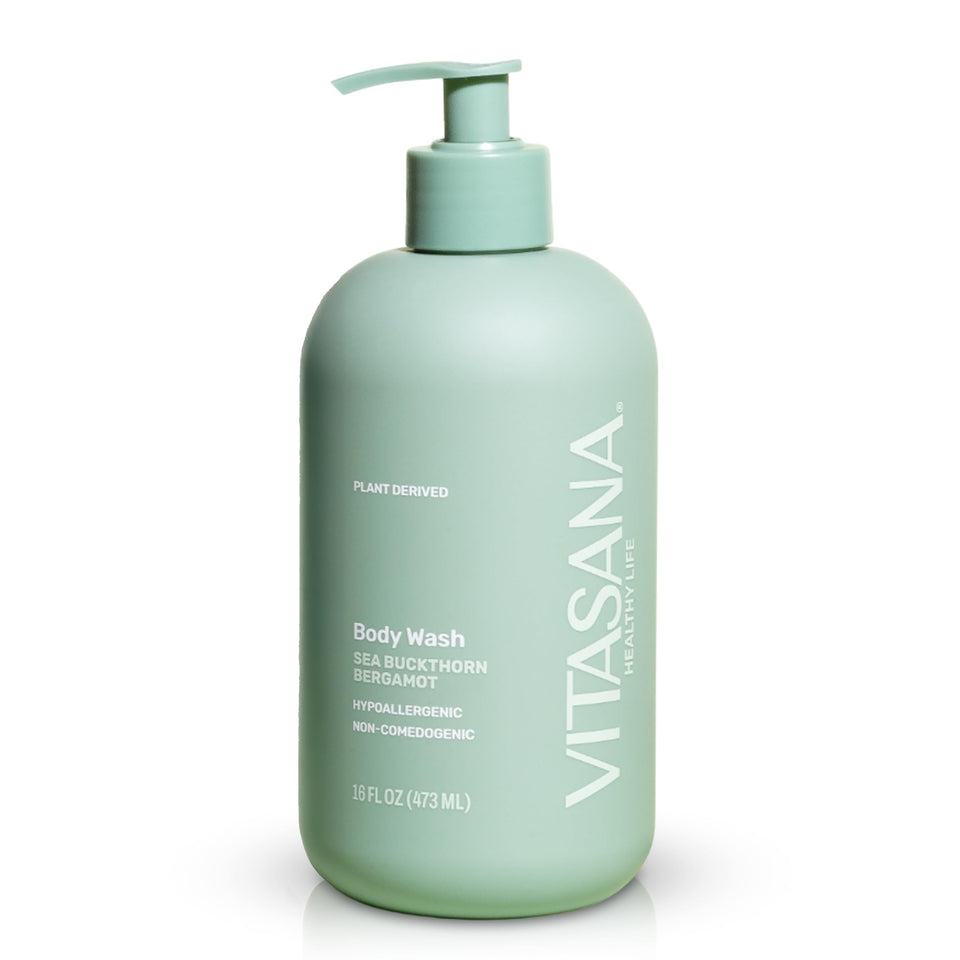 Vitasana front bottle view highlighting sea buckthorn bergamot scent and clean formula benefit