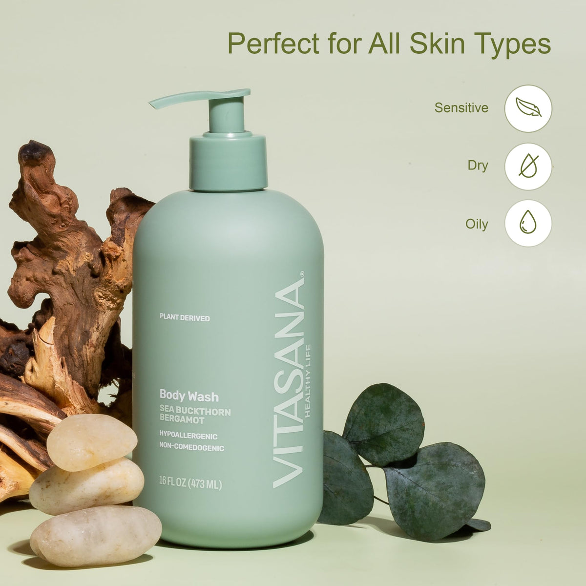 Vitasana bottle in shower setting portraying family‑friendly gentle cleansing