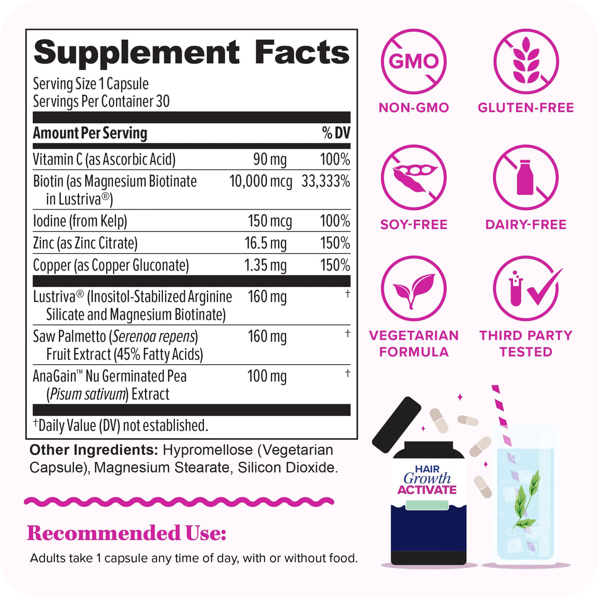 Vitauthority Lustriva open bottle with one capsule highlighting easy daily dosing