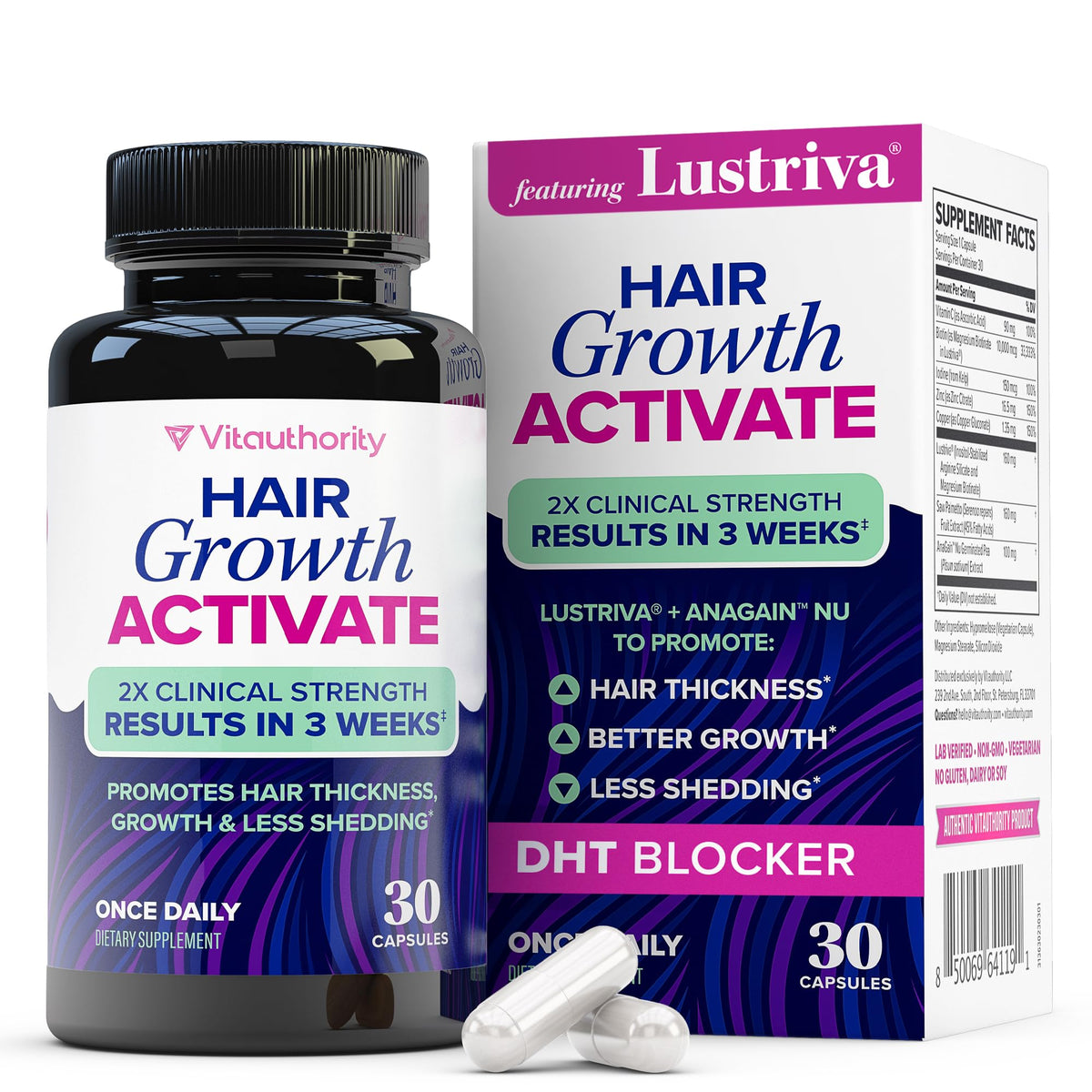 Vitauthority Lustriva front packaging showing bottle and label benefit