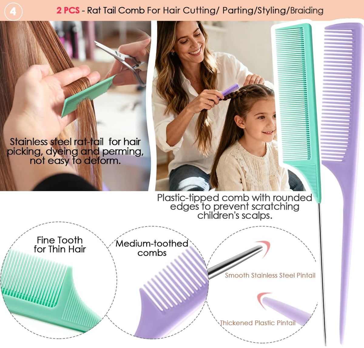 VITMOORY rat-tail comb detail focused on pointed tail for accurate sectioning