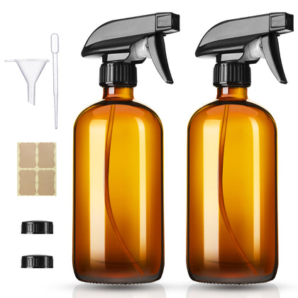 Vitreaux amber glass bottles front view showing two-pack and black triggers for organized storage