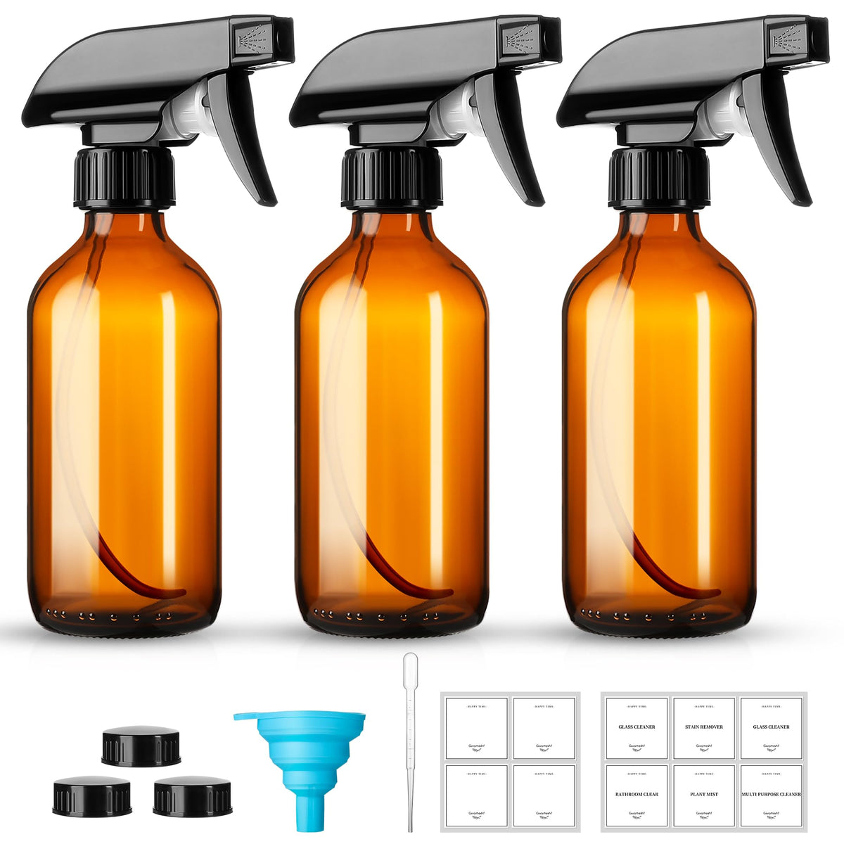 Vitreaux amber glass bottles front view showing three-pack and included accessories for organized storage