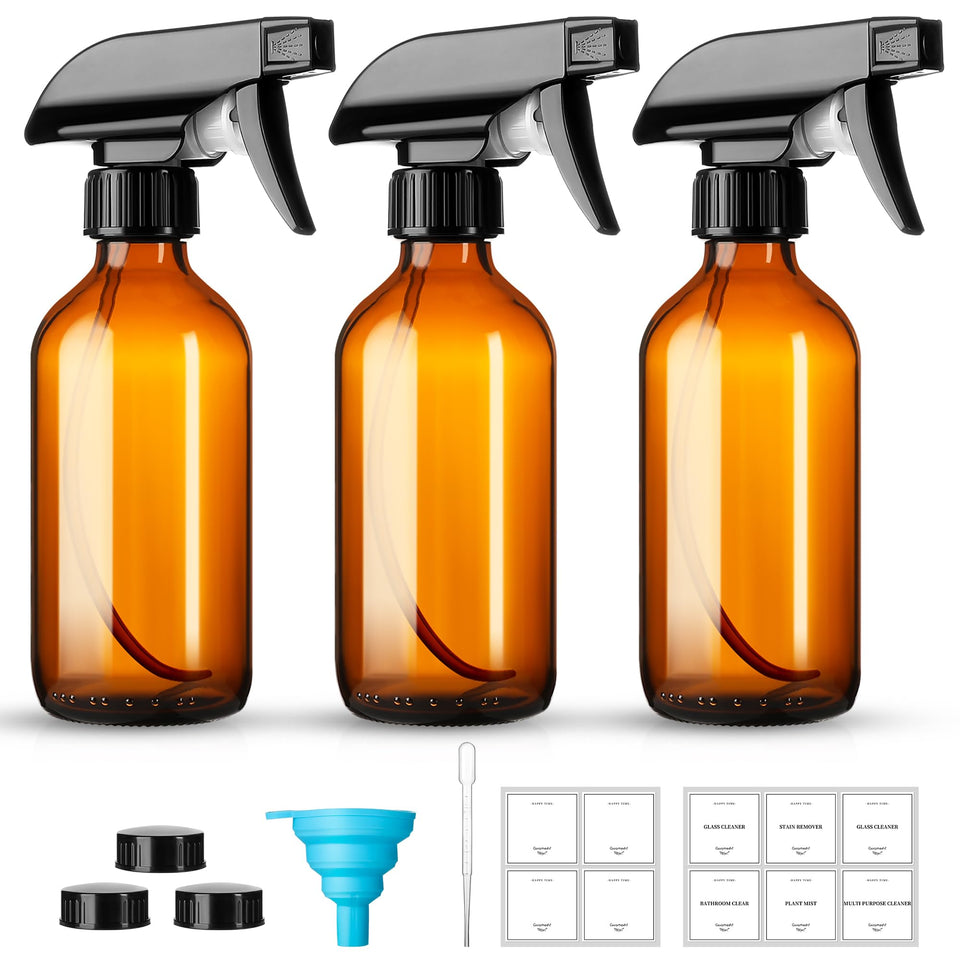 Vitreaux amber glass bottles front view showing three-pack and included accessories for organized storage