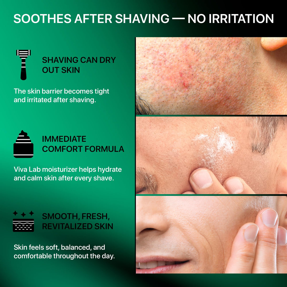 Viva Lab applied after shaving on face demonstrating soothing and hydrating benefit