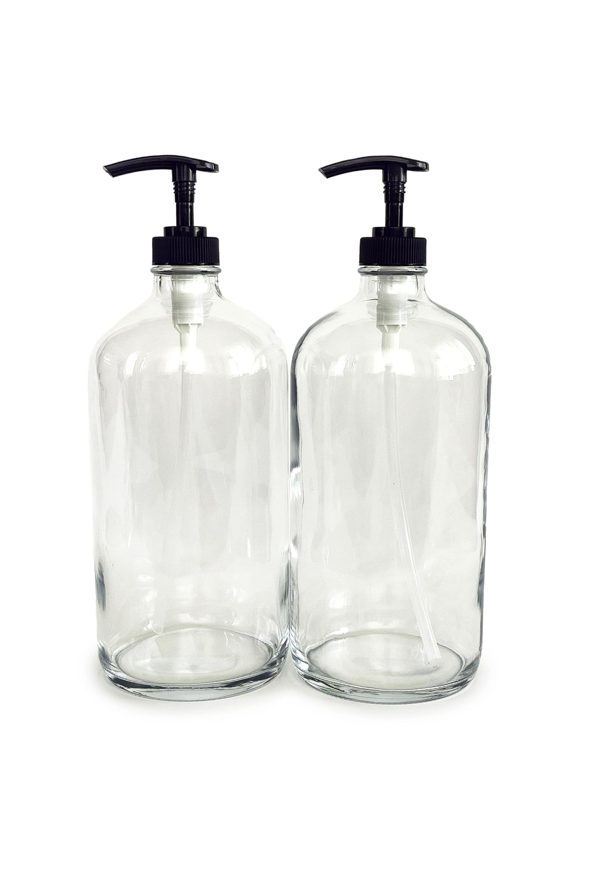 Vivaplex front view of two clear glass bottles showing elegant refillable benefit