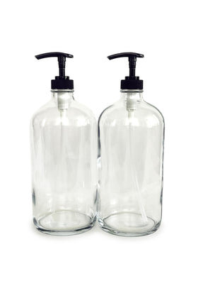 Vivaplex front view of two clear glass bottles showing elegant refillable benefit