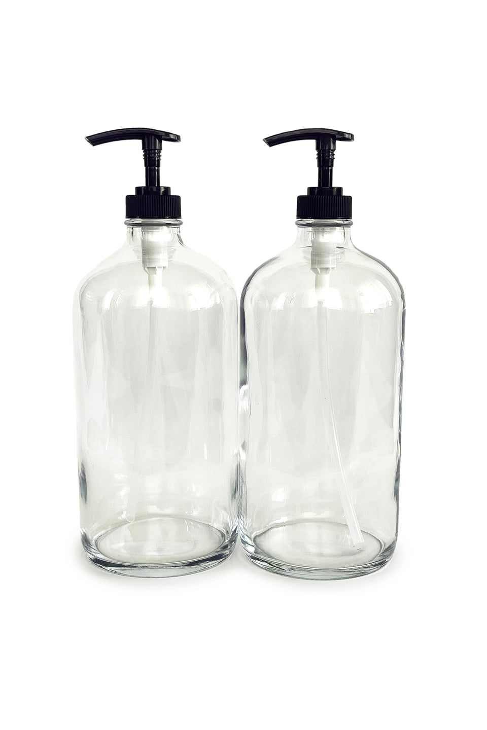 Vivaplex front view of two clear glass bottles showing elegant refillable benefit