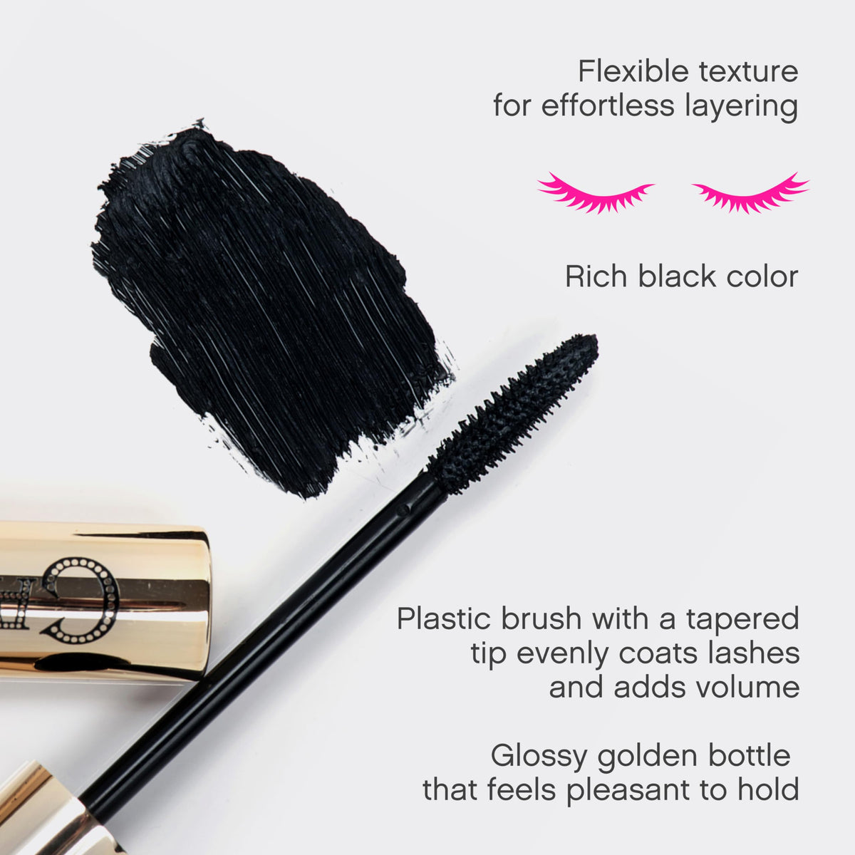 Vivienne Sabó mascara texture swipe showing smooth, clump-free formula benefit