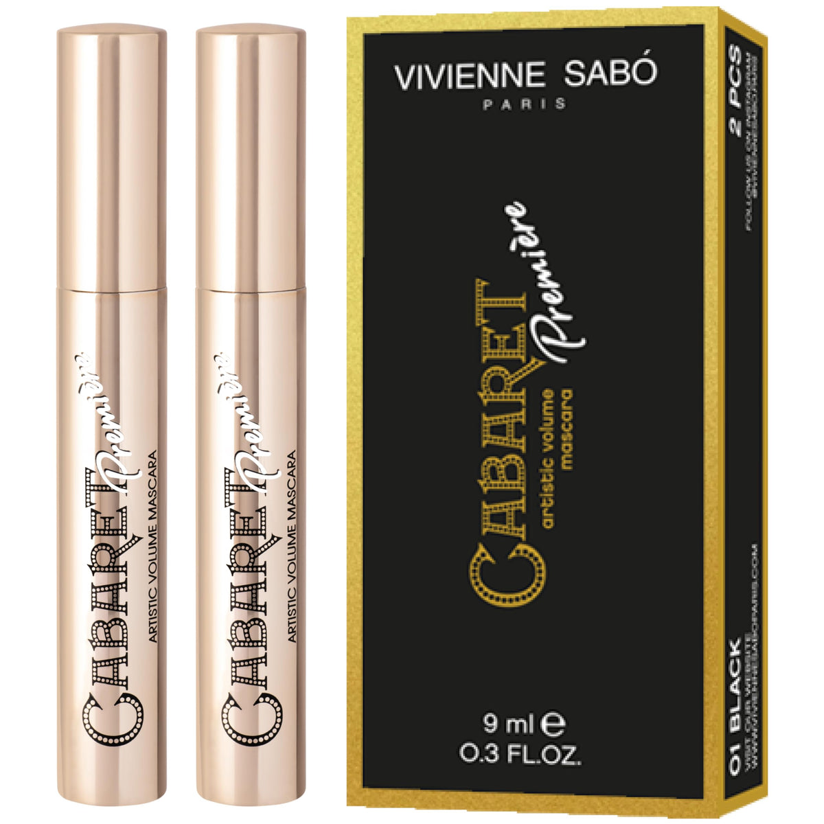 Vivienne Sabó front packaging showing two mascara tubes and benefits