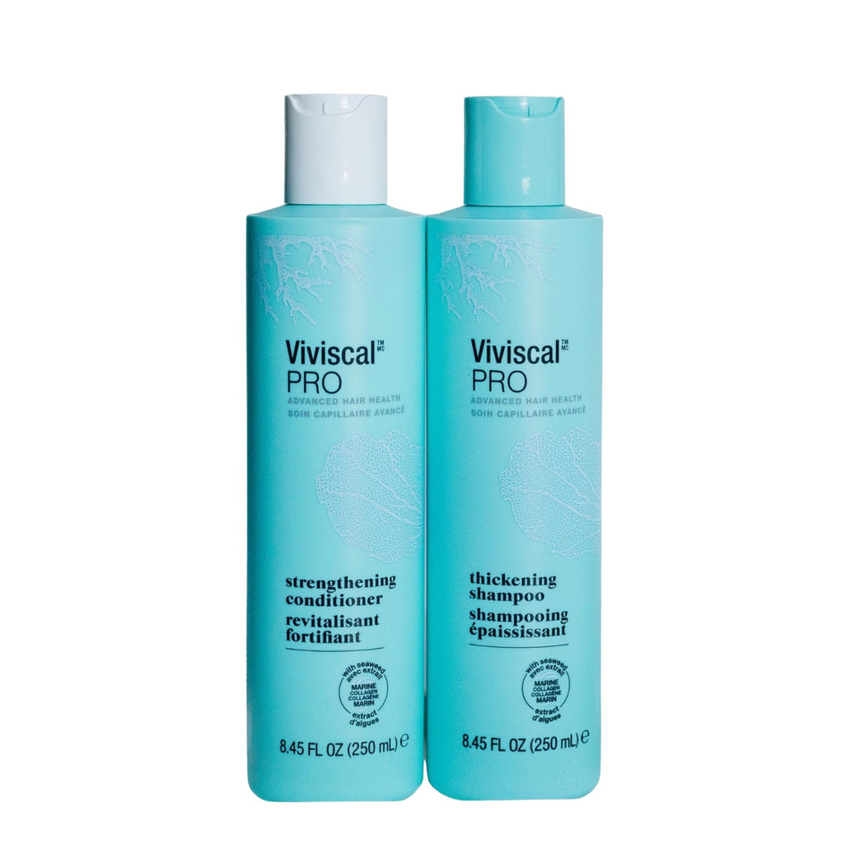 Viviscal front packaging duo showing both 8.45 fl oz bottles and benefit of fuller hair