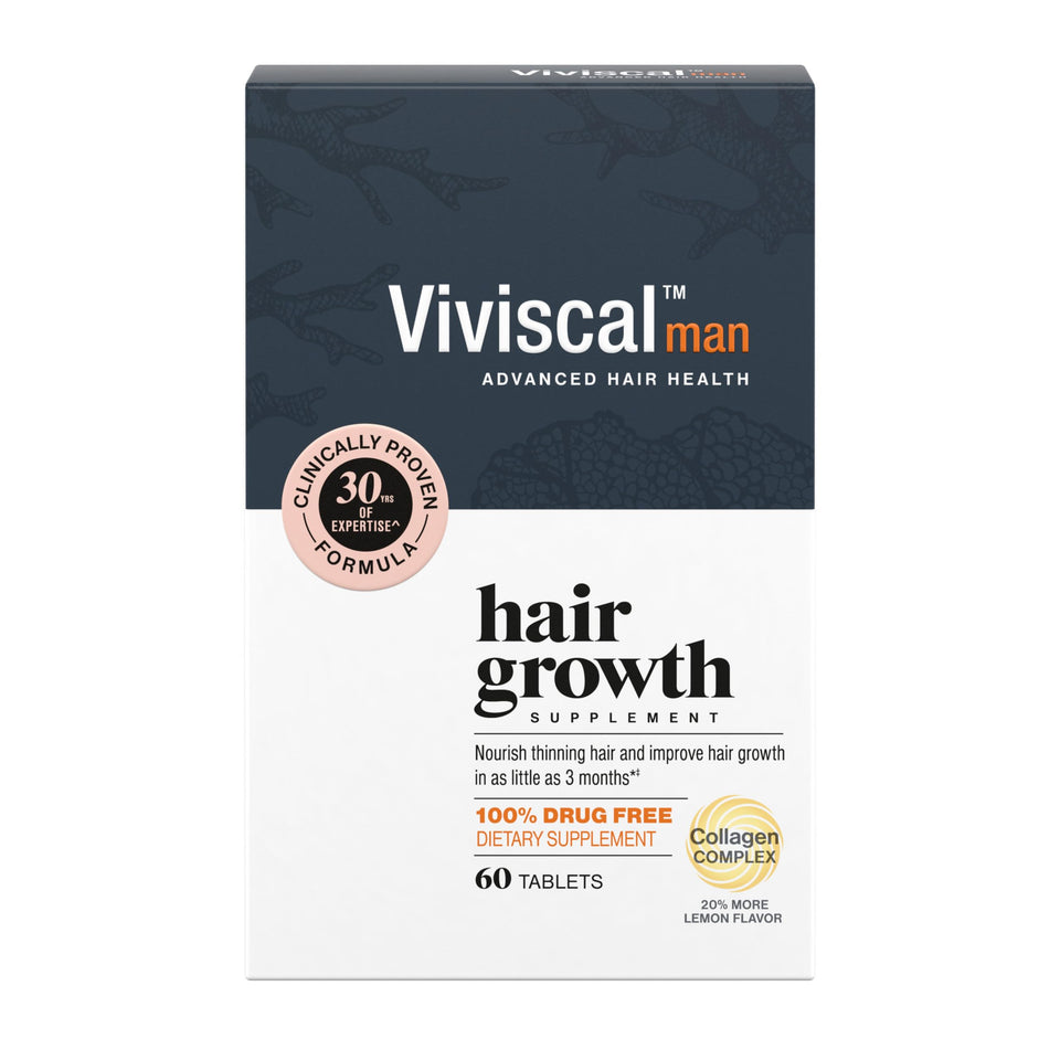 Viviscal Man front packaging showing bottle and brand for hair nourishment