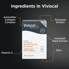 Viviscal Man label and ingredient list emphasizing AminoMar collagen complex