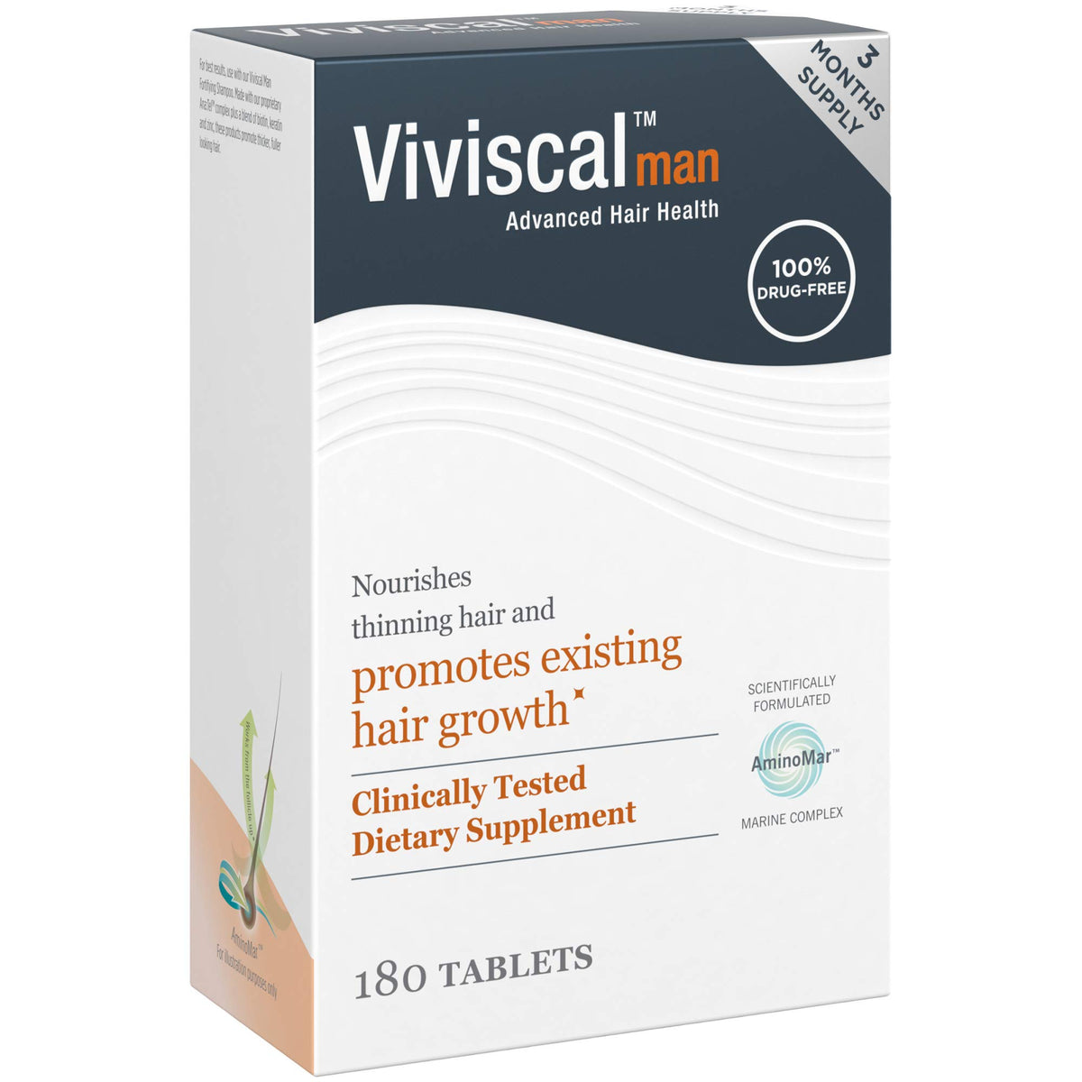 Viviscal Man bottle beside a calendar and timer showing consistent daily use