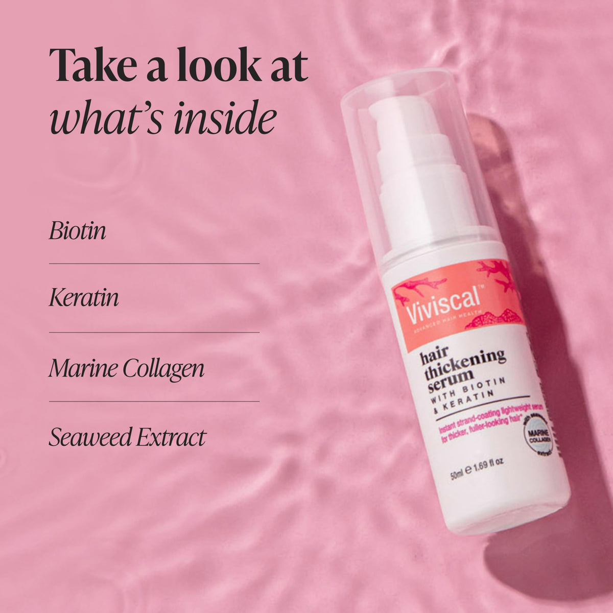 Viviscal serum applied through mid-lengths on hair, shows instant fuller-looking effect