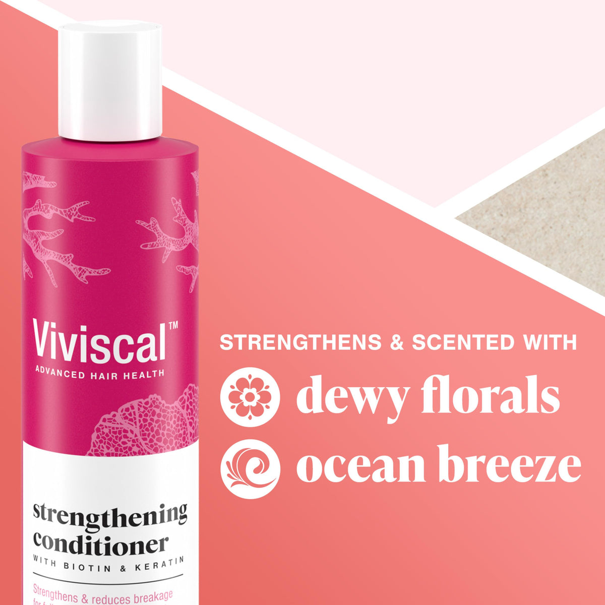 Viviscal 8.45 fl oz bottle next to a hand to show true size and travel convenience