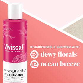 Viviscal 8.45 fl oz bottle next to a hand to show true size and travel convenience
