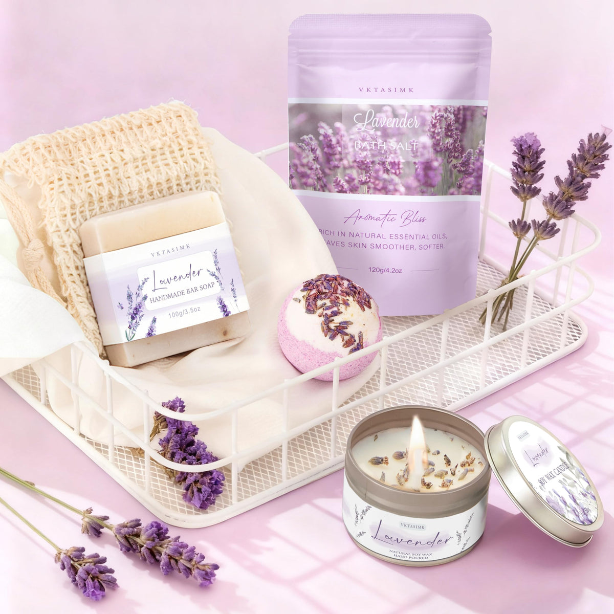 VKTASIMK complete gift basket styled on table, creating a serene gifting moment