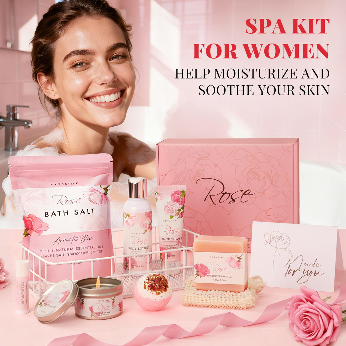 VKTASIMK gift basket in styled bathroom — ready-to-use at-home spa benefit