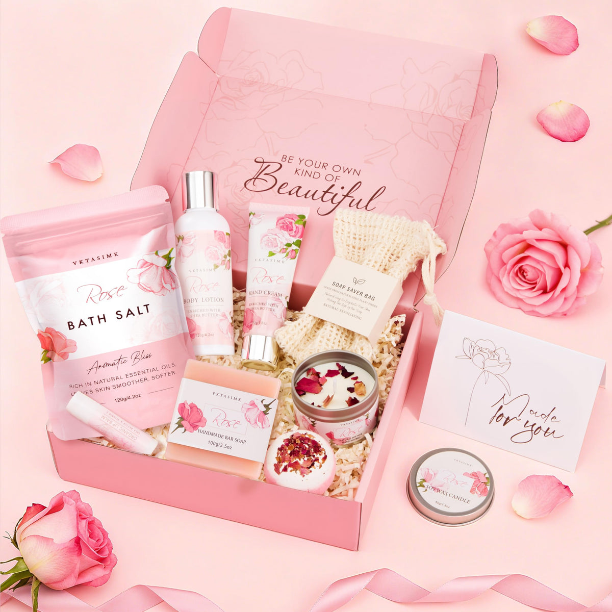 VKTASIMK rose soy candle lit in dim room — creates calming atmosphere benefit