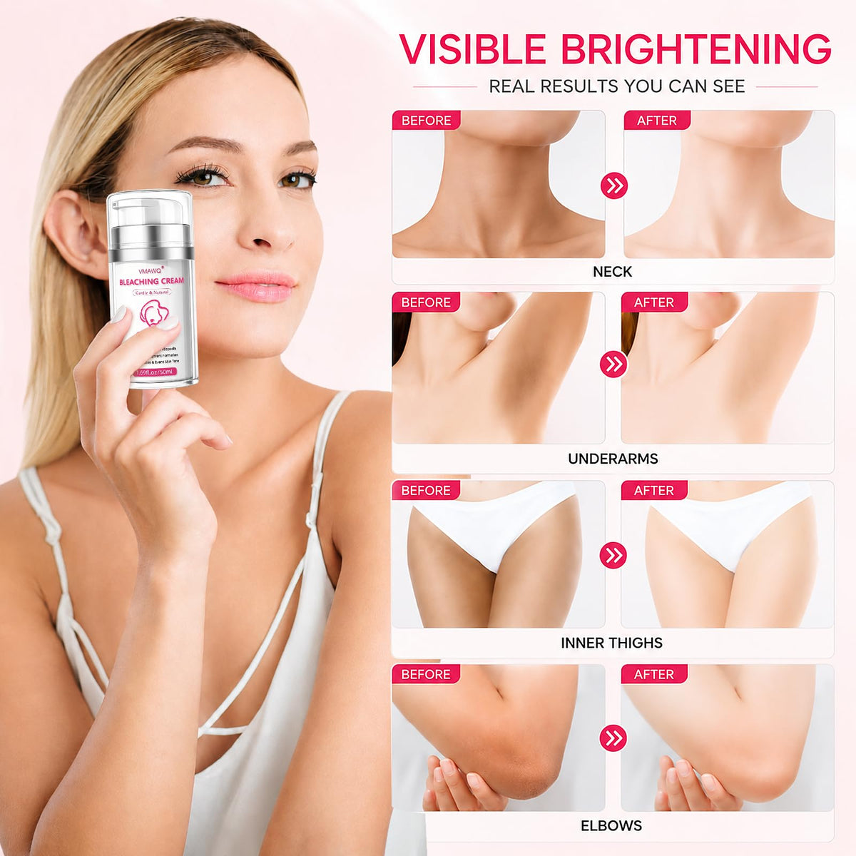 Vmawq being applied to underarm area to demonstrate gentle use and targeted dark spot care