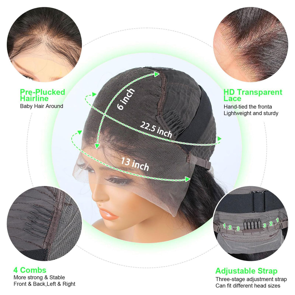 Vnrtkkn interior 3D dome cap with straps and combs for secure glueless fit benefit