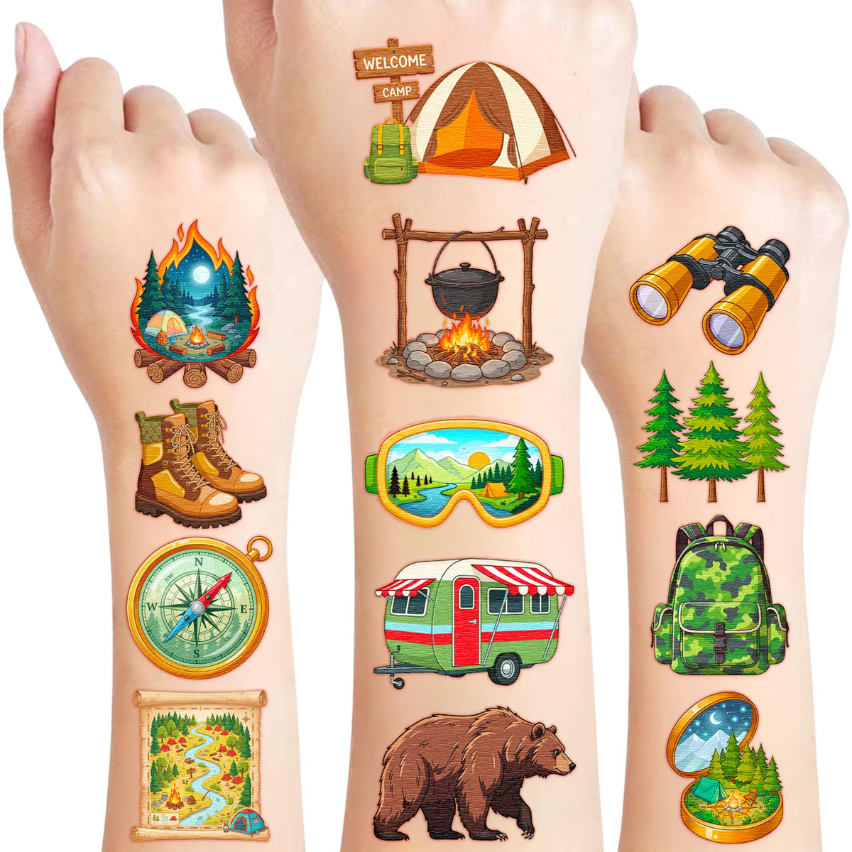 VNXCRAFTIES front packaging showing 96 camping tattoos, easy party setup
