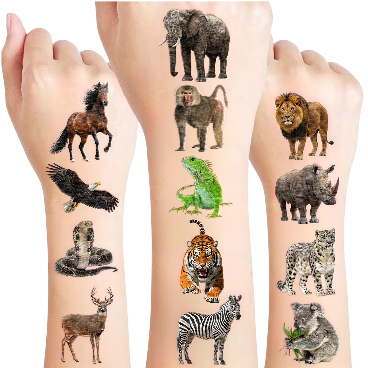 VNXCRAFTIES front packaging showing 96 realistic wildlife tattoos, clear party-ready benefit
