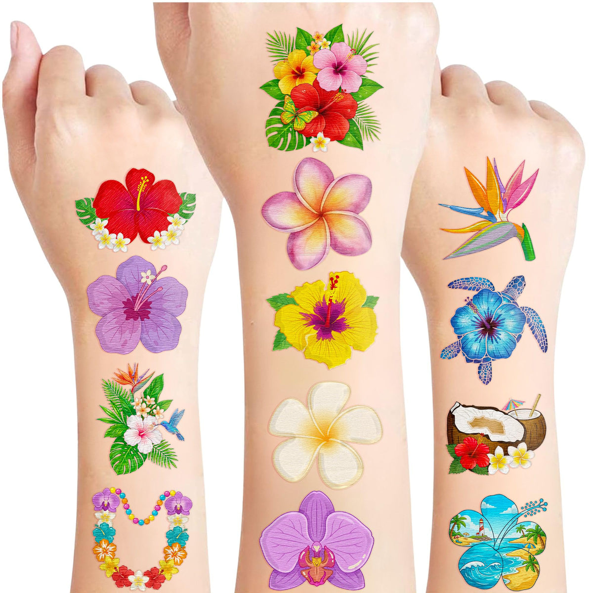 VNXCRAFTIES front packaging showing 96 tropical flower tattoo sheets, party-ready