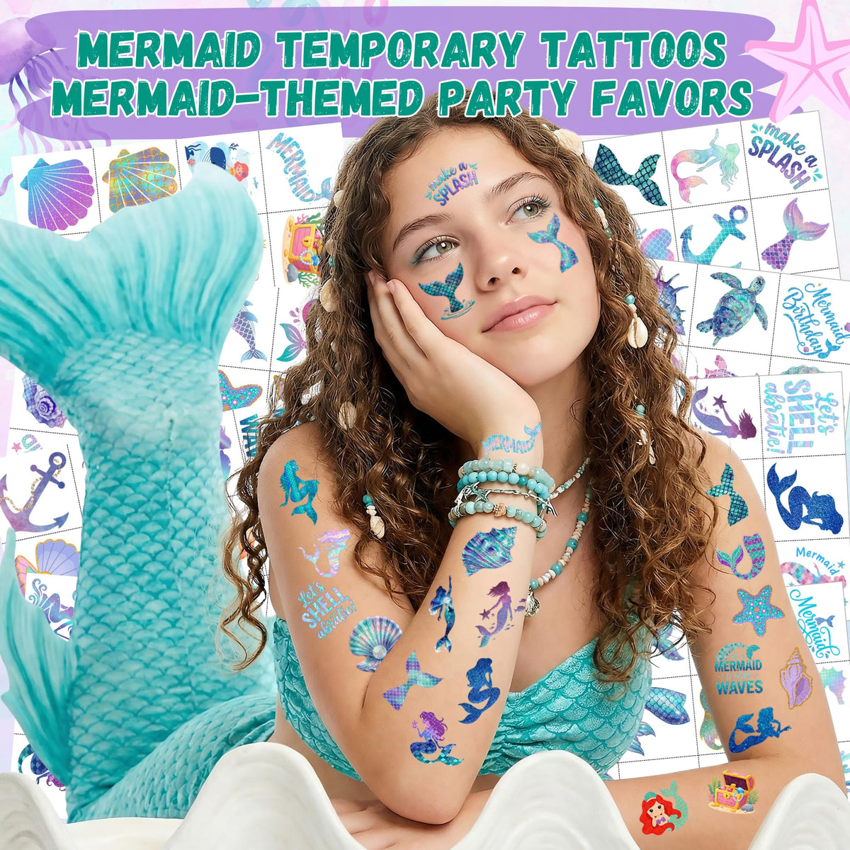 VNXCRAFTIES close-up of a tattoo sheet highlighting detailed mermaid designs and vibrant colors