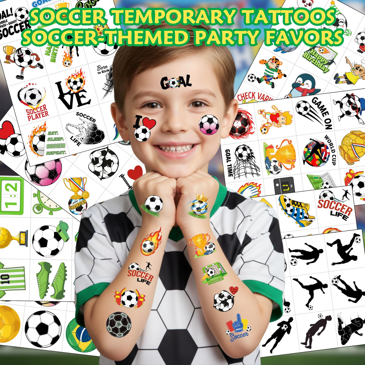 VNXCRAFTIES close-up of a tattoo sheet highlighting bright soccer player and ball designs