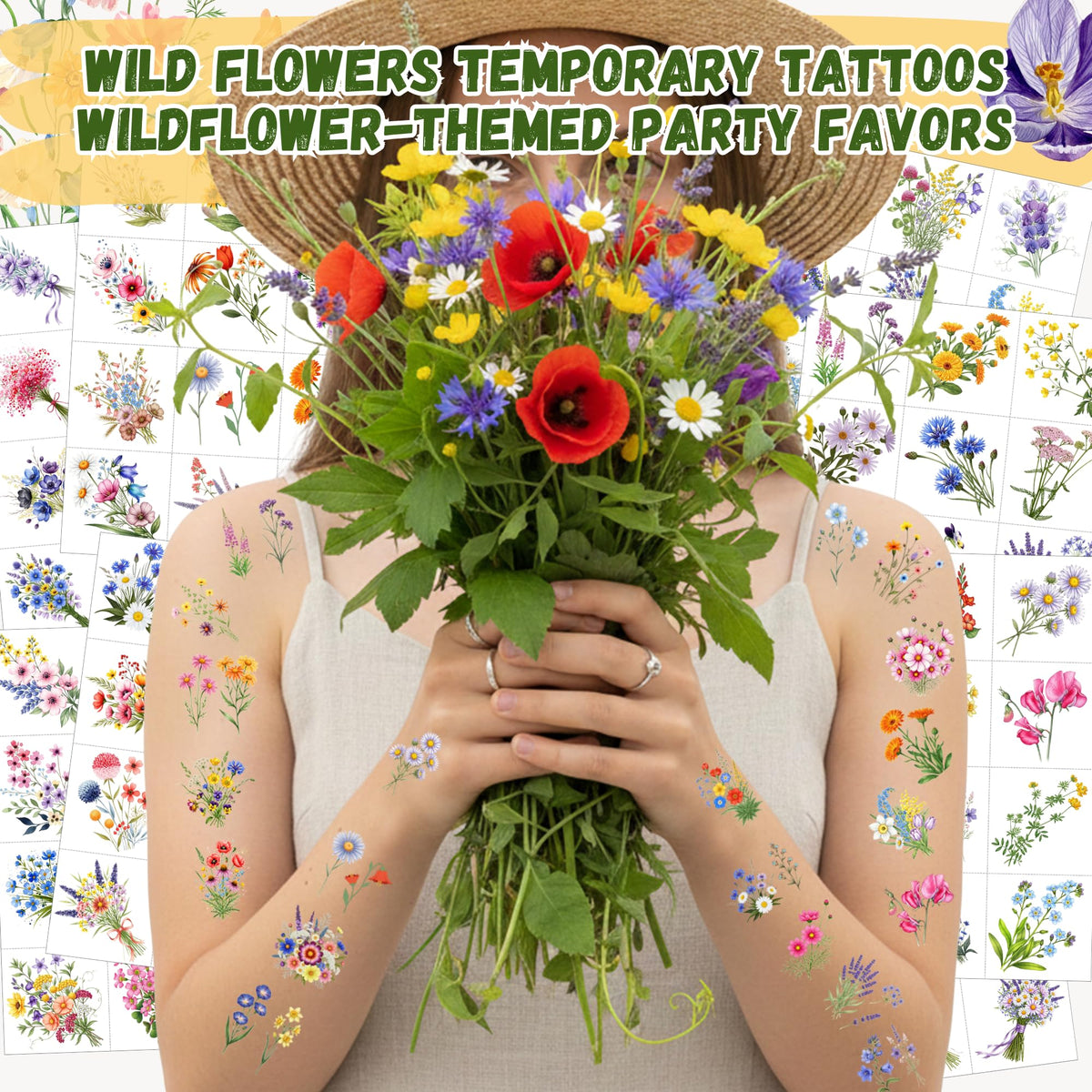 VNXCRAFTIES sheet layout of eight floral tattoo sheets displaying variety and quantity