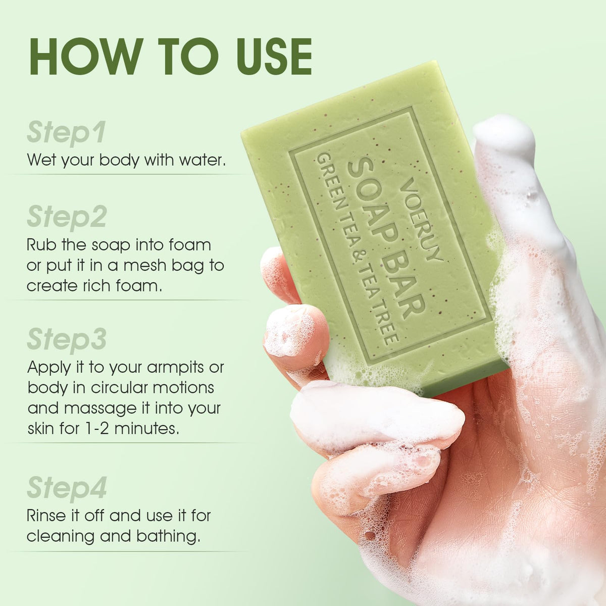VOERUY bars producing rich foam in shower for deep underarm cleanse