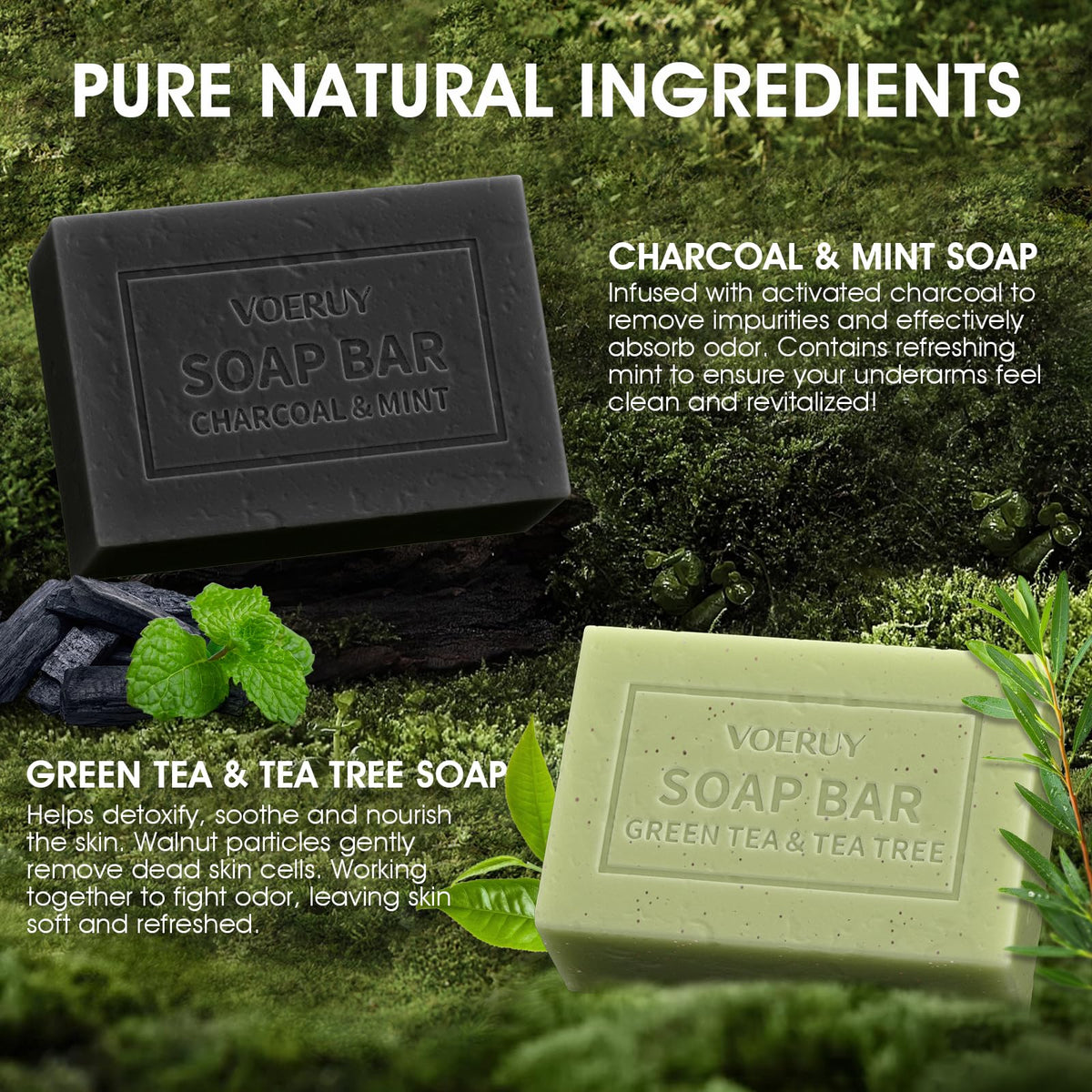 VOERUY charcoal and mint bar texture showing activated charcoal cleansing