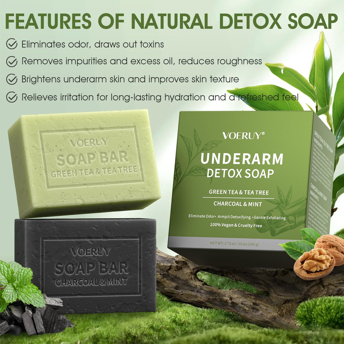 VOERUY green tea bar close-up highlighting walnut shell exfoliant