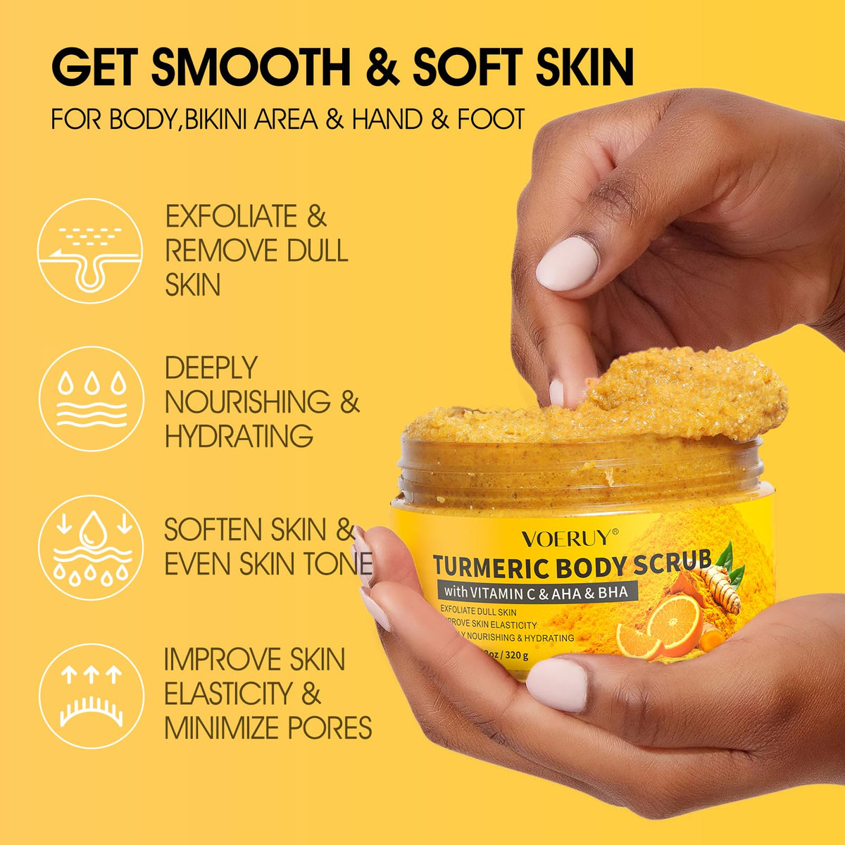 VOERUY open jar angle displaying turmeric-colored scrub, invites tactile appeal and use