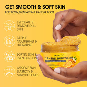 VOERUY open jar angle displaying turmeric-colored scrub, invites tactile appeal and use