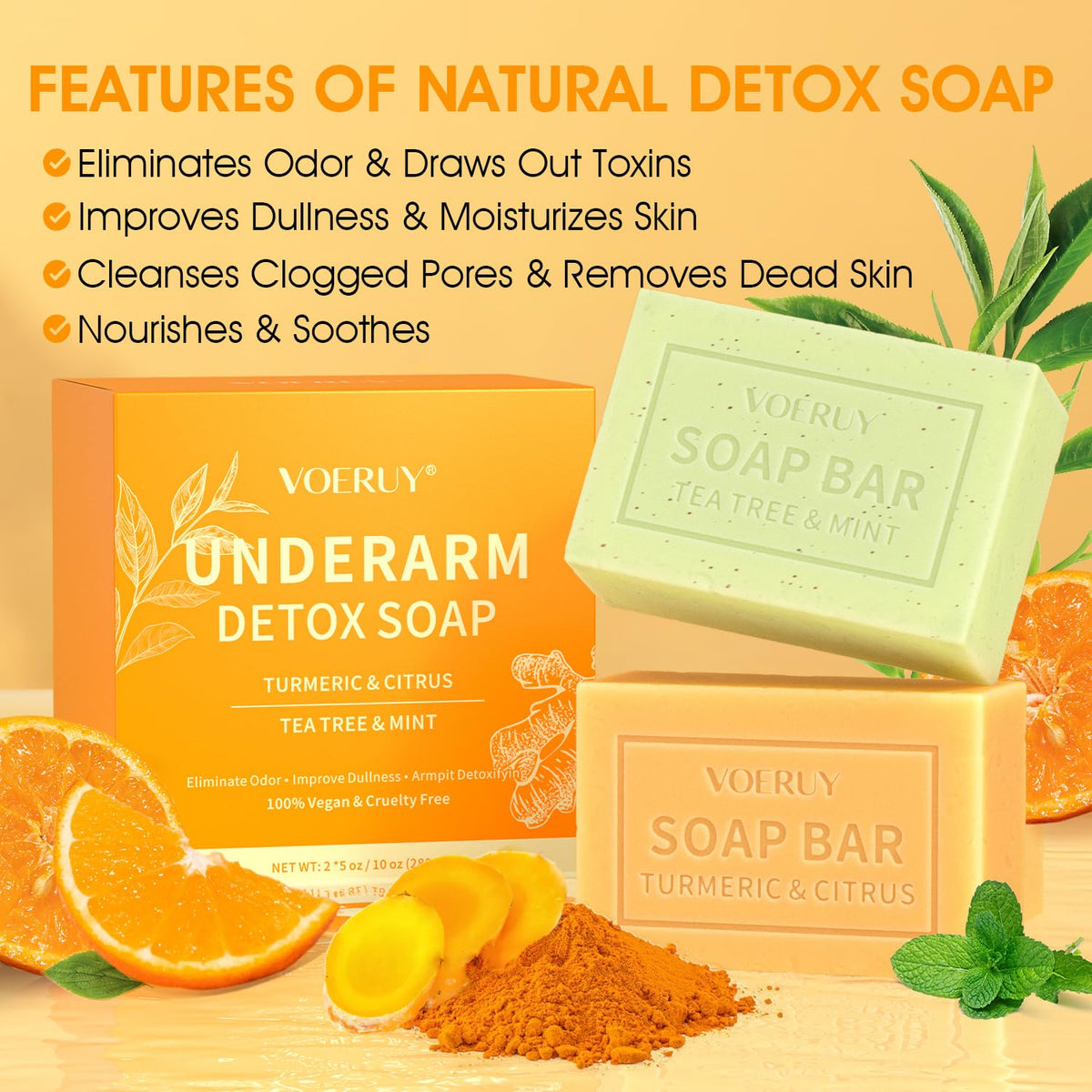 VOERUY turmeric and citrus bar close-up highlighting natural brightening texture