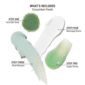 VOESH cucumber sugar scrub granules visible, exfoliating texture that softens skin
