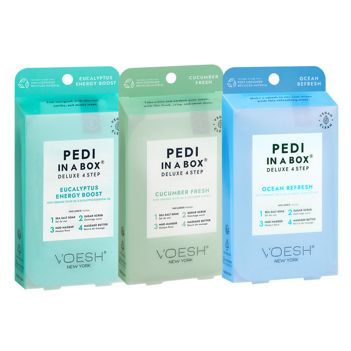 VOESH front packaging of Fresh Trio showing three 4-step pedicure boxes, gift-ready
