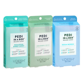 VOESH front packaging of Fresh Trio showing three 4-step pedicure boxes, gift-ready