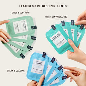 VOESH Ocean Refresh kit contents laid out, clear view of all four pedicure steps