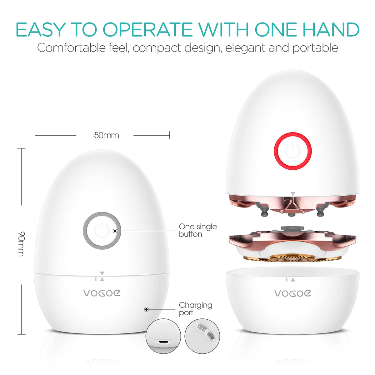 VOGOE ES300 next to charging cable and manual indicating fast-charge and accessory convenience