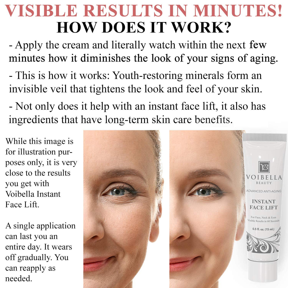 VOIBELLA BEAUTY application under eye demonstrating instant tightening benefit