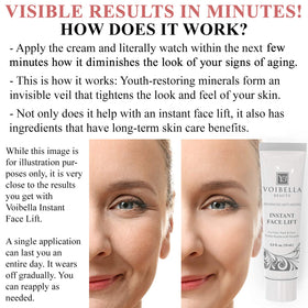 VOIBELLA BEAUTY application under eye demonstrating instant tightening benefit