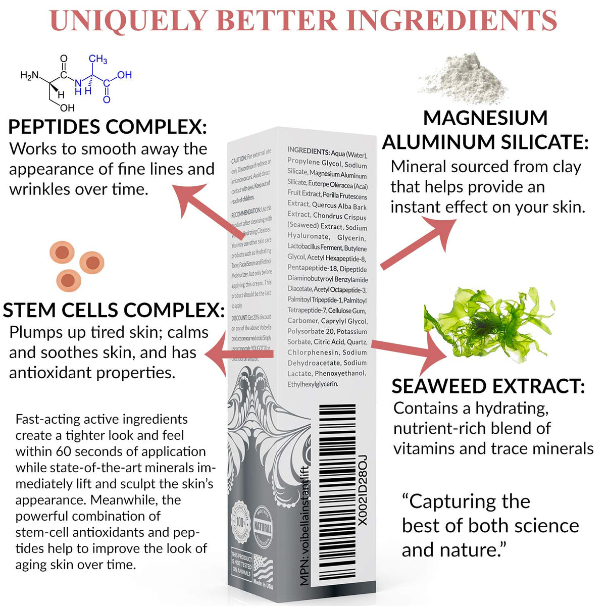 VOIBELLA BEAUTY ingredient display with acai and seaweed indicating nourishing benefits