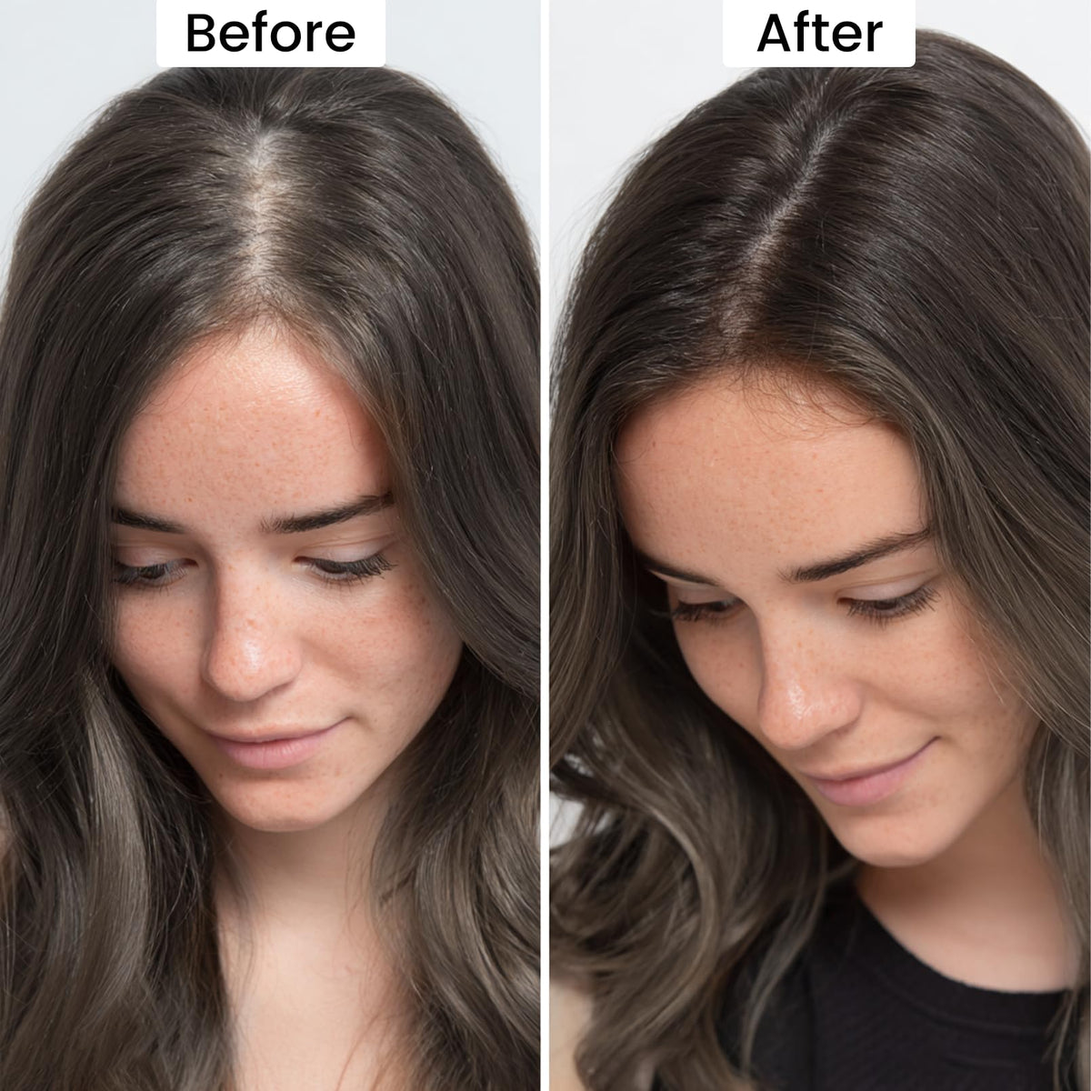 VOLLUCK powder applied to hairline demonstrating instant gray coverage and fuller look