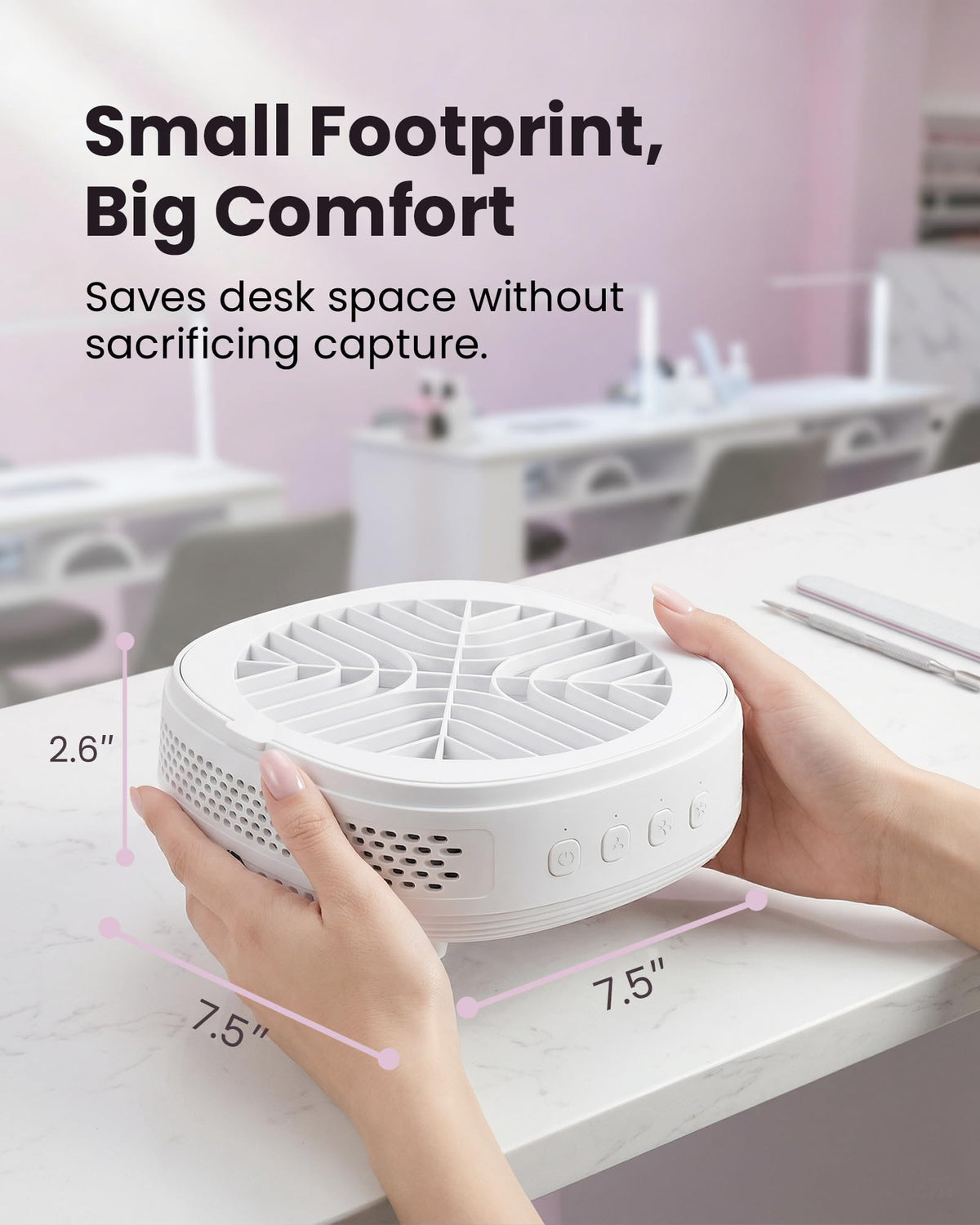 voltrish in salon with manicure tools illustrating professional dust control benefits